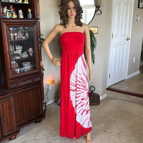 Sievergate Red & White Tie Dye Strapless Maxi Dress Rayon Stretch - Picture 16 of 16